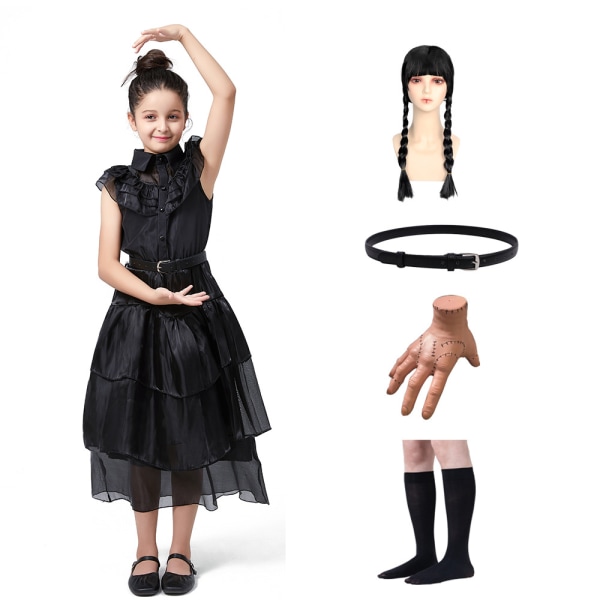 Barn Flickor Onsdag Addams Cosplay Set Halloween Carnival Klänning/peruker b M