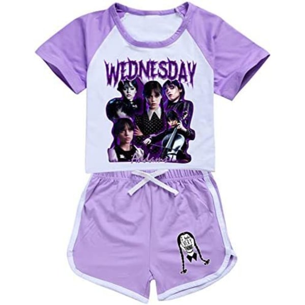 Onsdag Addams Printed Kids Girls Träningsoverall Set Kort ärm Purple L
