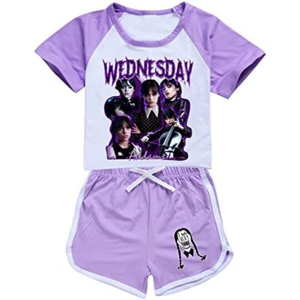 Onsdag Addams Printed Kids Girls Träningsoverall Set Kort ärm Purple XL