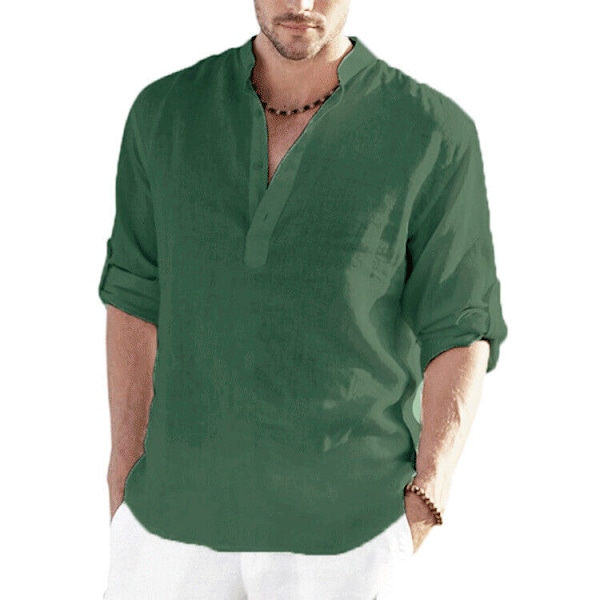 Strandskjortor i massiv linne för män Bomull Casual Lös sommarskjorta army green l