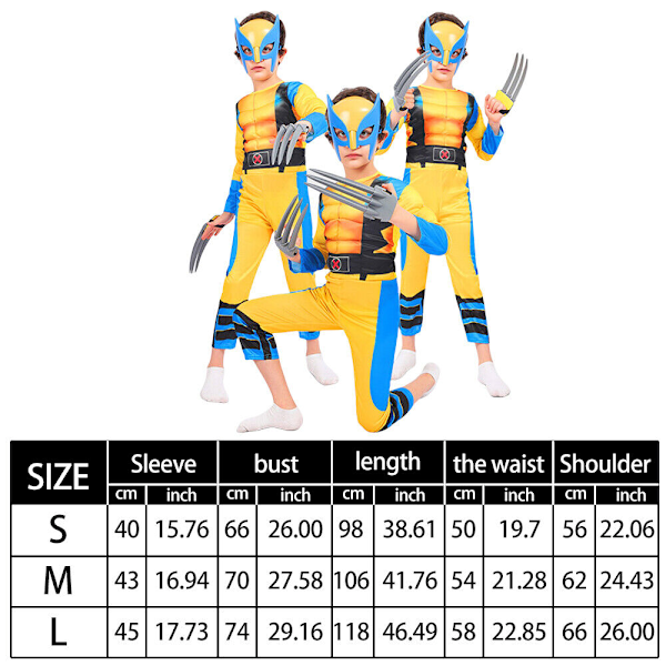 Pojkarnas Wolverine Bokdag Kostym Tight Muscle Suit Party Fancy Dress Cosplay S-(Headpeice+Bodysuit+2*Paws)