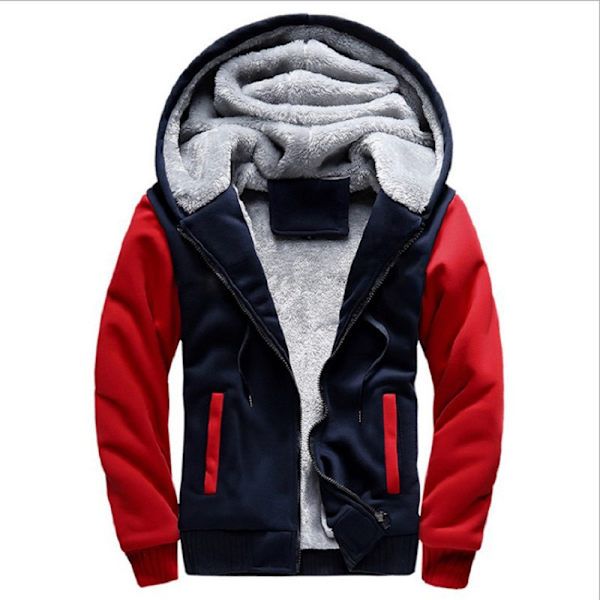 Män Tjock varm fleecepälsfodrad huvtröja Zip Up Vinterjacka Sweatshirt Topp Black Red XL