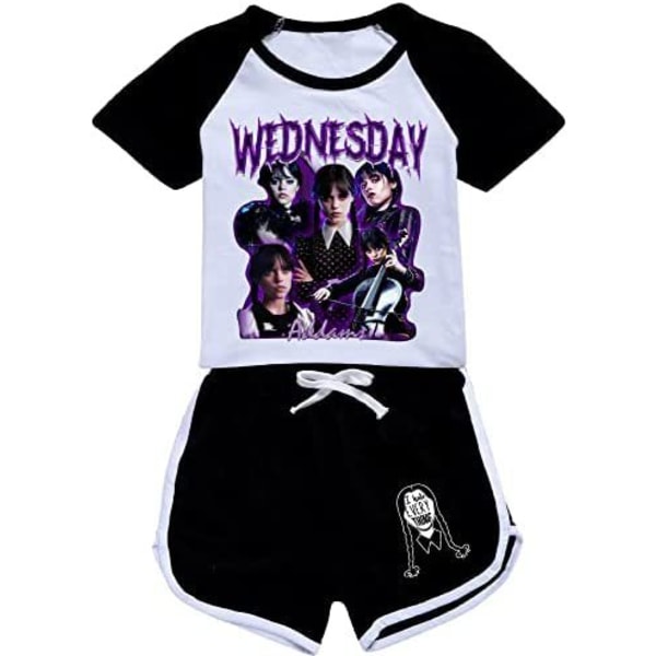 Onsdag Addams Printed Kids Girls Träningsoverall Set Kort ärm Purple L