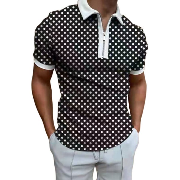 Kortärmad pikétröja för herr Slim Fit Sport Golf Zipper T-shirt white black dots 3xl