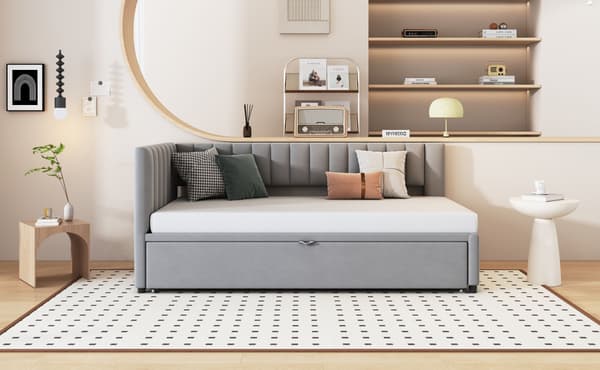 HOMAIRE Multifunktionell L-format bäddsoffa med utdragbar säng 90/180x200 cm, samtyg, grå Grå 208 x 97.5 x 75 cm