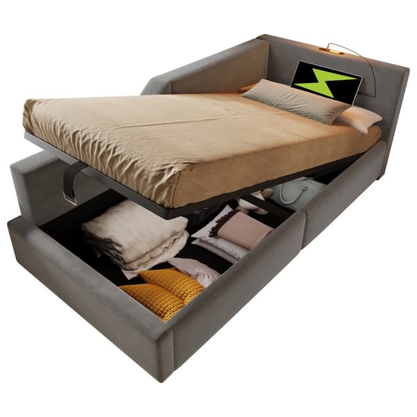 HOMAIRE Sammet Dagbädd med Förvaring, Läsbelysning och USB-C-laddning, Grå Grå 203 x 98 x 70.5 cm