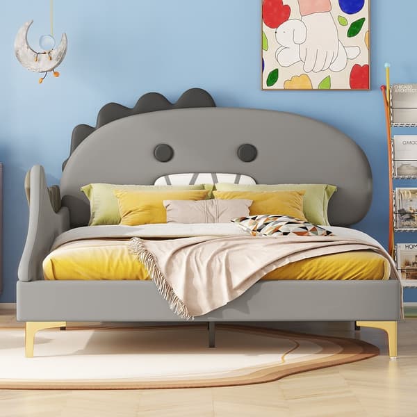 HOMAIRE Barnsäng Dinosaurieform i PU och MDF, Modern Barnmöbel Grå 209 x 144 x 110 cm