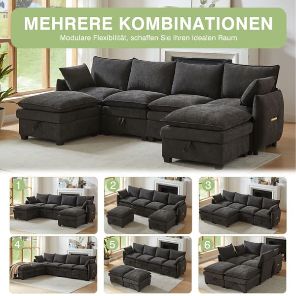HOMAIRE U-formad soffa med förvaringsutrymme, modulärt set i chenille, grå Grå 281 x 147 x 89 cm