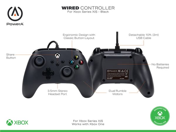 PowerA Wired Controller för Xbox Series X|S - Svart, Gamepad, Video Game Controller Fungerar med Xbox One svart