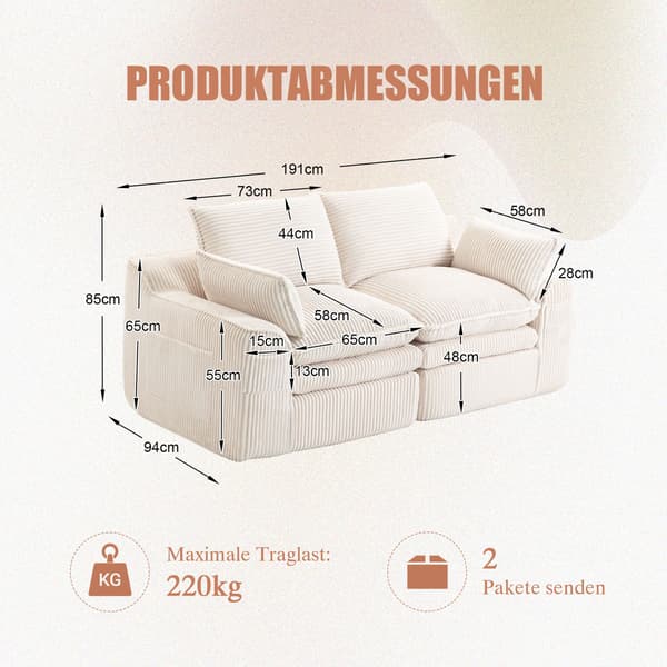HOMAIRE Modulerbar 2-sits Cordsoffa med Kuddar och Sidofickor, Beige Beige 191 x 94 x 85 cm