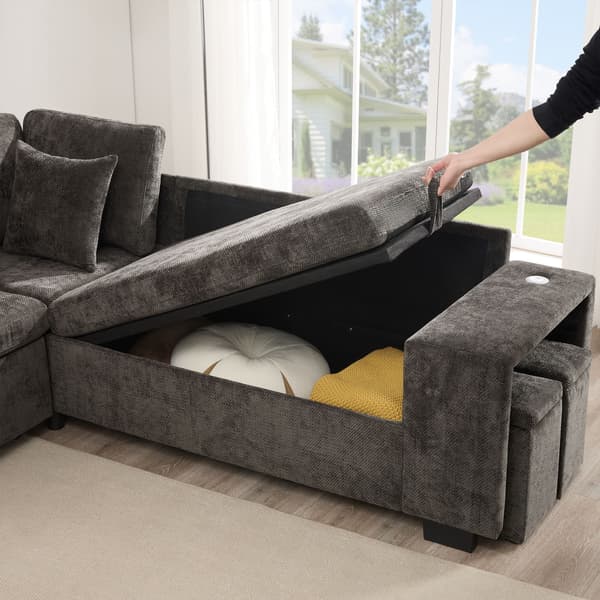 HOMAIRE L-formad bäddsoffa med förvaring, USB/USB-C, grå chenille Grå 220 x 205 x 86.5 cm