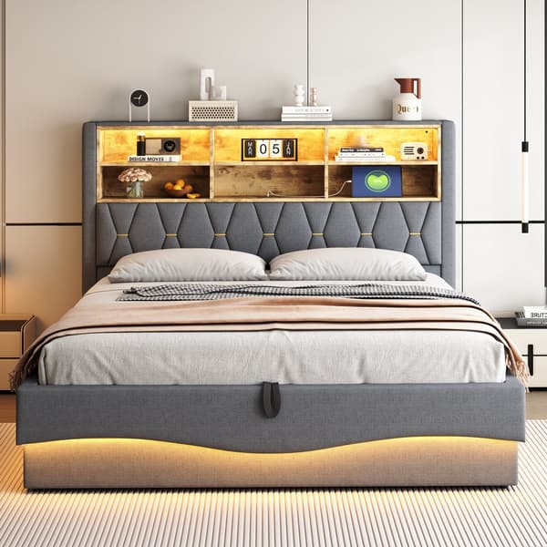 HOMAIRE stoppad förvaringssäng med LED-ljus, USB-laddning och linnetyg, grå Grå 221 x 183 x 131 cm