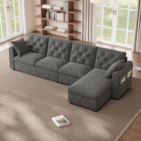 HOMAIRE Modern Sammetsoffa med Förvaring i Hörnet, L-formad, Grå (281×86×71 cm) Grå 281 x 132 x 86 cm