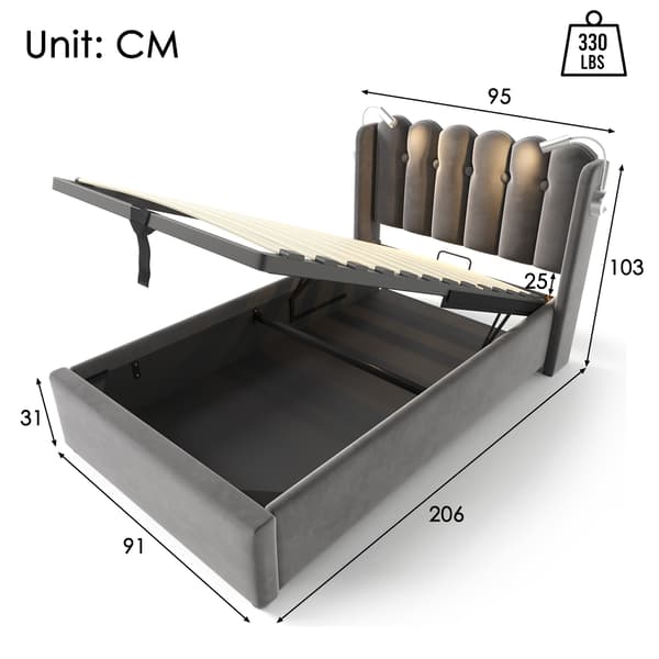 HOMAIRE Grå Sammet Sängram med Förvaring, Läsbelysning och USB-laddning Grå 206 x 103 x 95 cm