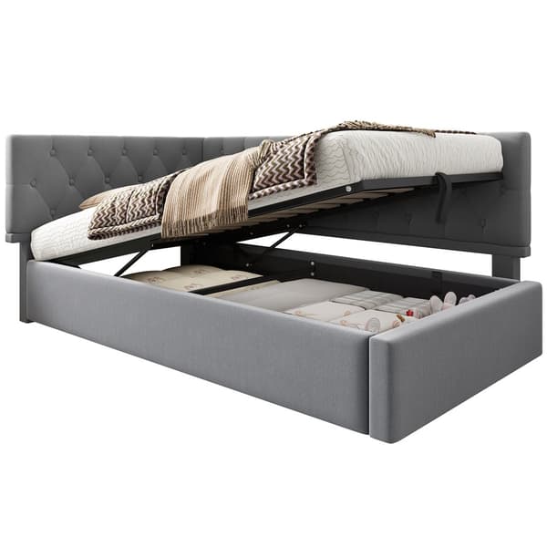 HOMAIRE Modern L-formad bäddsoffa med hydraulisk förvaring och metallram, grå sammet Grå 196 x 100 x 77 cm