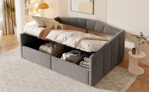 HOMAIRE Multifunktionell stoppad bäddsoffa med hydraulisk förvaring i grå sammet Grå 212 x 145 x 62 cm
