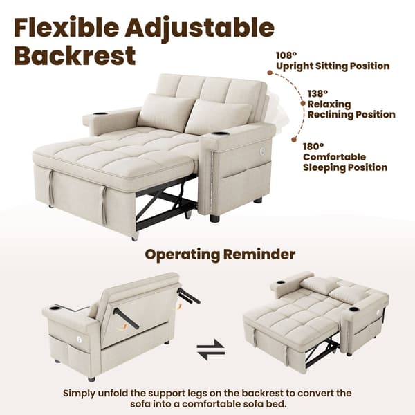 HOMAIRE 2-sits soffa med bäddfunktion, LED-belysning och USB/Type-C-laddning, beige chenille Beige 145 x 141.5 x 90 cm