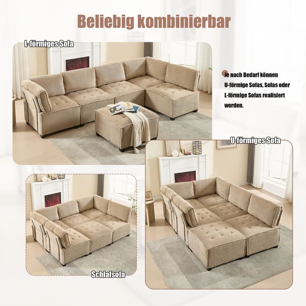 HOMAIRE modulsoffa 6-sits i khakifärgat Manchester-tyg, flexibel U-/L-form, bäddsoffa Khaki
