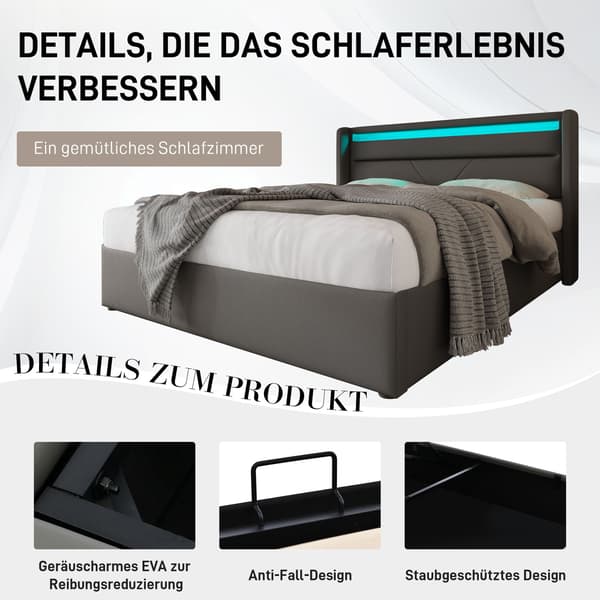 HOMAIRE Hydraulisk Förvaringssäng med LED-belysning 160x200 cm, Grå Grå 202 x 166 x 107.5 cm