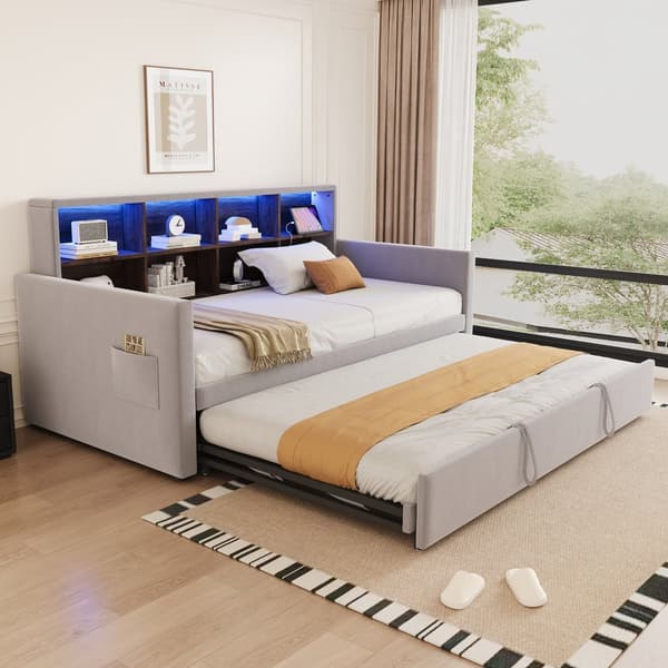 HOMAIRE Multifunktionell bäddsoffa med förvaring, USB-portar och sammet Ljusgrå 204 x 104 x 96 cm