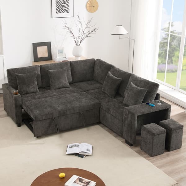 HOMAIRE L-formad bäddsoffa med förvaring, USB/USB-C, grå chenille Grå 220 x 205 x 86.5 cm