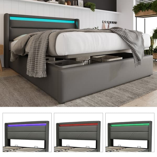 HOMAIRE Hydraulisk Förvaringssäng med LED-belysning Vit PU-läder Robust Konstruktion Grå