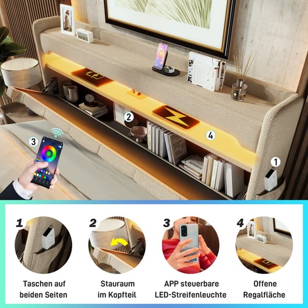 HOMAIRE Enkel Sängram med LED-belysning och USB-laddning, solid järnram Beige 225 x 96 x 111 cm