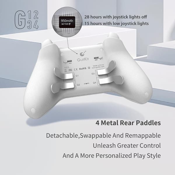 GuliKit KK3 Max, Kingkong 3 Max Controller för Switch, 4 Bakåtknappar, Hall Joysticks & Triggers, vit vit