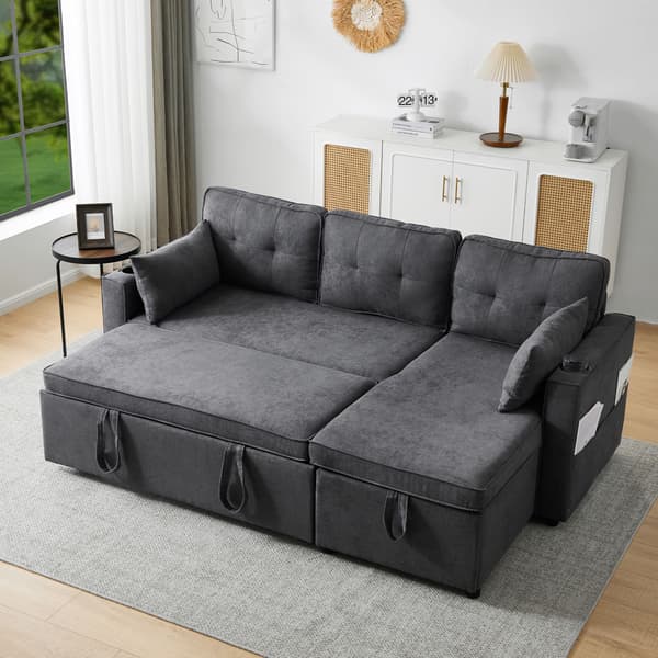 HOMAIRE L-format bäddsoffa med förvaringsutrymme och dryckeshållare, grå Grå 211 x 129.5 x 86 cm