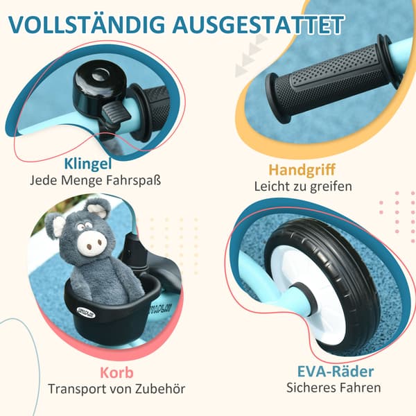 HOMAIRE barncykel trehjuling 2-5 år, justerbar sits, ringklocka, cykelkorg, metallram, blå Blå