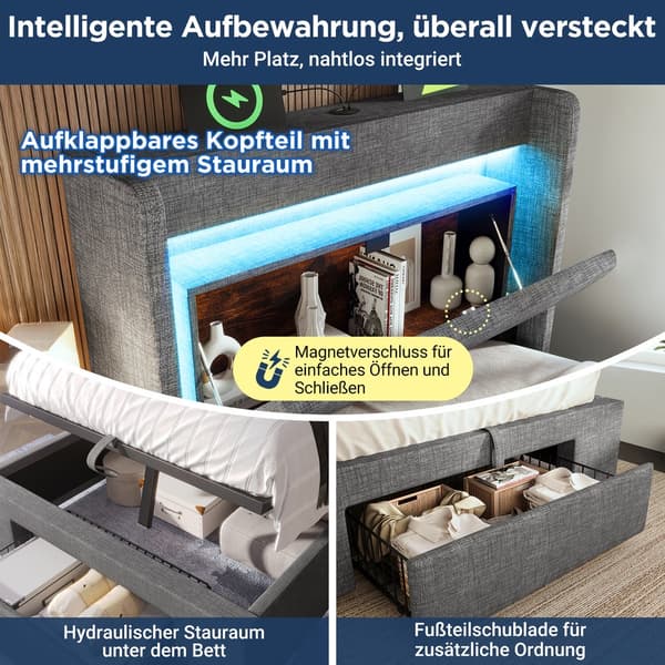 HOMAIRE Förvaringssängram med LED-belysning och USB/USB-C-portar, grå Grå 219 x 101 x 111 cm