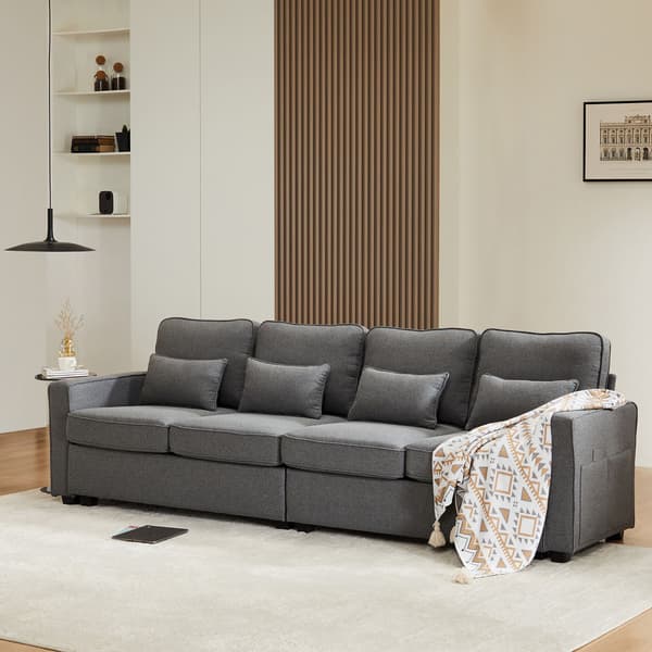 HOMAIRE 4-sitssoffa i linne med förvaringsfickor och 4 kuddar, mörkgrå Mörkgrå 264 x 83 x 87 cm