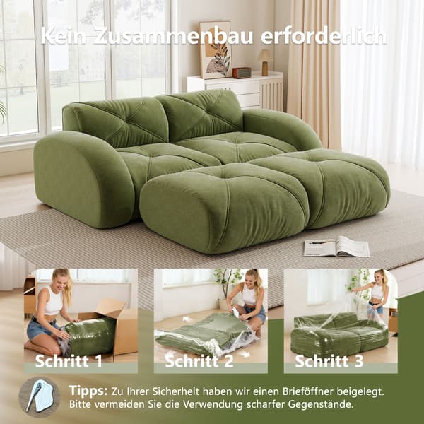 HOMAIRE modulsoffa 2-sits med 2 puffar, grön chenille Grön 204 x 171 x 76 cm