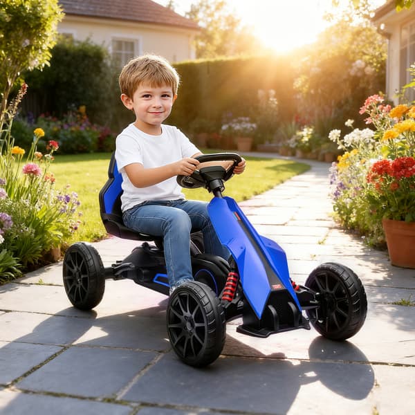 HOMAIRE Go Kart med fram- och backväxel, justerbar sits för barn 3-8 år, blå Blå