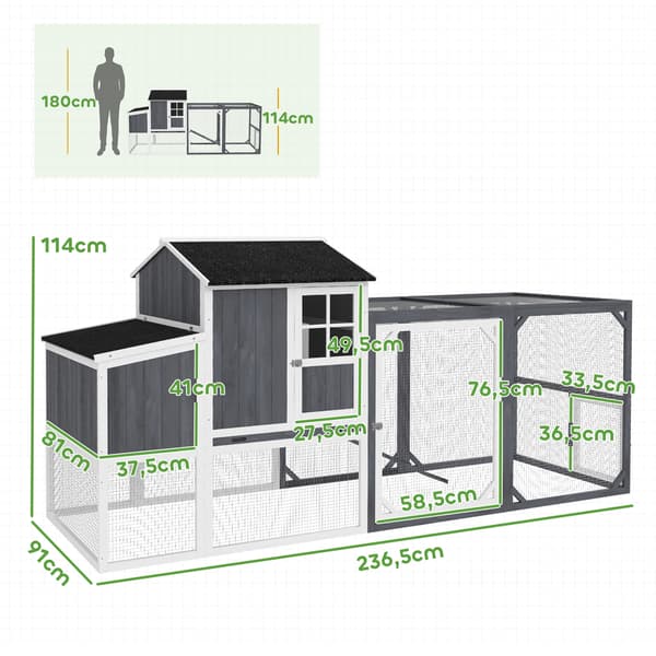 HOMAIRE Hönshus med utegård för 3-4 höns, 3-delad värpreda, 1,9 m², grå gran Grå