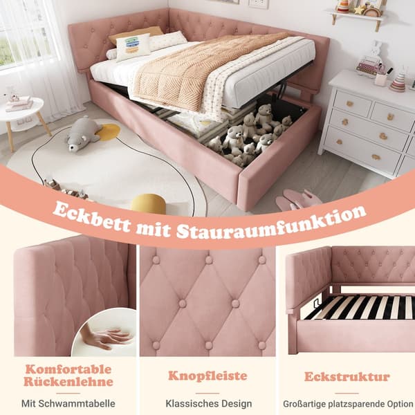 HOMAIRE L-format modern bäddsoffa med hydraulisk förvaring i sammet, platsbesparande rosa Rosa 206 x 100 x 77 cm