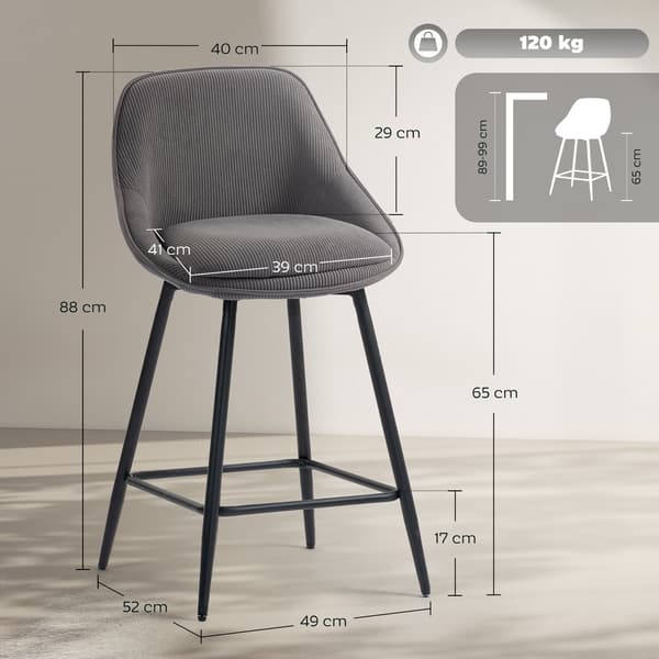 HOMAIRE 2-pack barstolar med ribbad cordklädsel och stålben, grå, roterbara och vadderade Grå