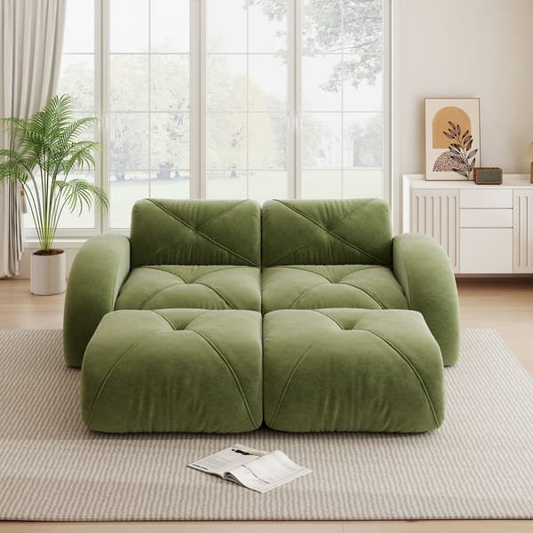 HOMAIRE modulsoffa 2-sits med 2 puffar, grön chenille Grön 204 x 171 x 76 cm