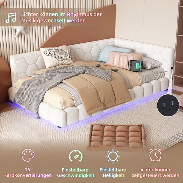 HOMAIRE bäddsoffa med LED-belysning och USB Type-C laddning, sammetimitation MDF, vit Vit 214 x 101 x 64 cm