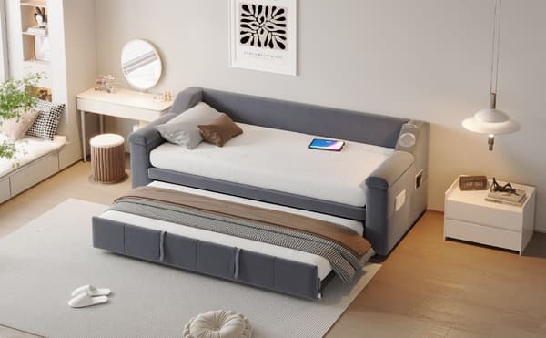 HOMAIRE Polsterbett Schlafsofa 90/180x190 cm med Bluetooth, USB och förvaring, grå sammet Grå 216 x 97 x 69 cm