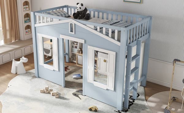 HOMAIRE Barnsäng Loft 90x200 cm Blå med flexibel trappmontering Vit+Blå 210 x 95 x 135 cm