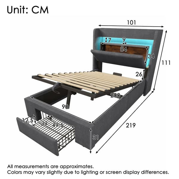 HOMAIRE Förvaringssängram med LED-belysning och USB/USB-C-portar, grå Grå 219 x 101 x 111 cm