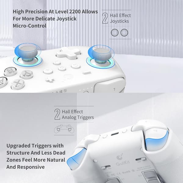 GuliKit KK3 Max, Kingkong 3 Max Controller för Switch, 4 Bakåtknappar, Hall Joysticks & Triggers, vit vit