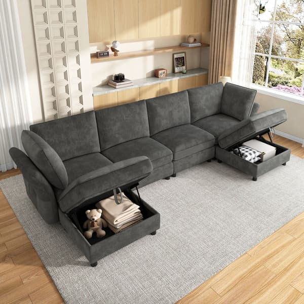 HOMAIRE modulärt U-/L-format hörnsoffa 6-sits med förvaringspuff, grå chenille Grå 289 x 137 x 84 cm