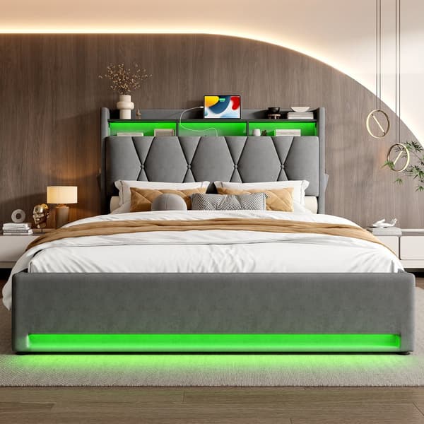 HOMAIRE Mörkgrå Sammet Sängram med LED, USB-C och Gasfjäderbas Mörkgrå