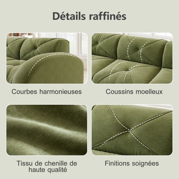 HOMAIRE modulsoffa 2-sits med 2 puffar, grön chenille Grön 204 x 171 x 76 cm
