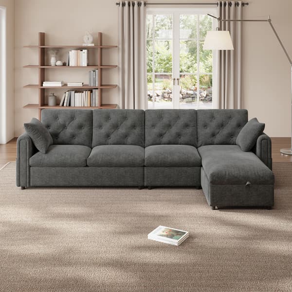 HOMAIRE Modern Sammetsoffa med Förvaring i Hörnet, L-formad, Grå (281×86×71 cm) Grå 281 x 132 x 86 cm