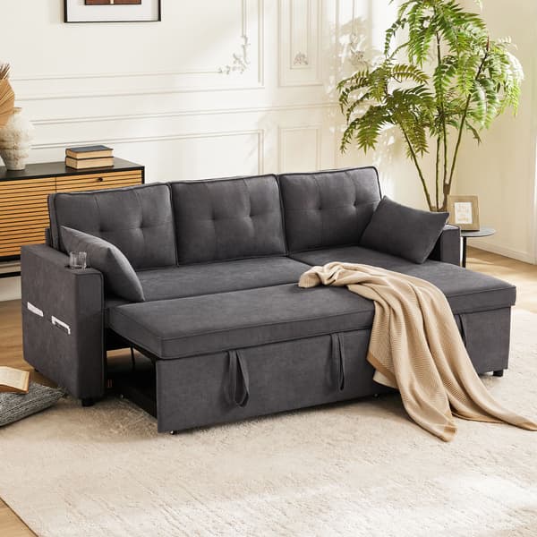 HOMAIRE L-format bäddsoffa med förvaringsutrymme och dryckeshållare, grå Grå 211 x 129.5 x 86 cm