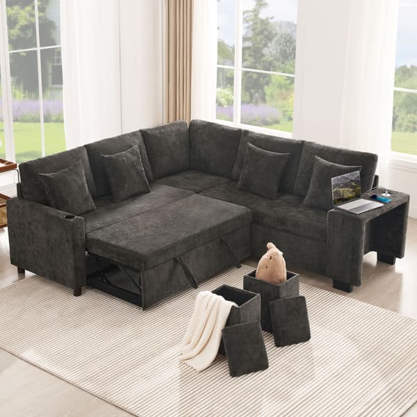 HOMAIRE L-formad bäddsoffa med förvaring, USB/USB-C, grå chenille Grå 220 x 205 x 86.5 cm