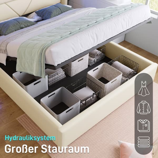 HOMAIRE Dubbelsängram med hydraulisk lyft, LED-belysning, vit PU-läder Vit 202 x 146 x 107.5 cm